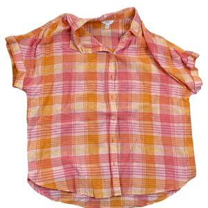 Time & Tru Women's Linen Blend Shirt L Plaid Button-Up Pink Orange Short Sleeve